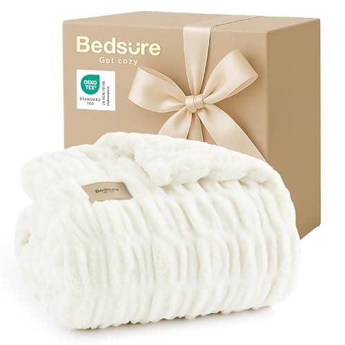 Bedsure Gentlesoft Double-Sided Ruched Faux Fur Throw Blanket for Couch, Cozy Soft Fuzzy Fluffy Faux Rabbit Fur Blanket, Luxury Gifts for Women Thick Warm Plush Room Decor, 50X60 Inch, Cream view 1
