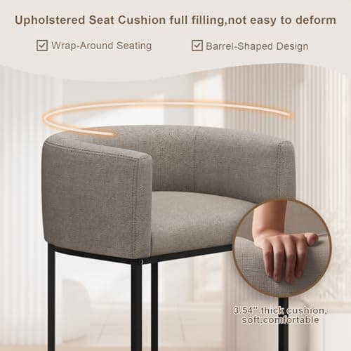 VATROS 26" H Counter Height Bar Stools Set of 3, Modern Barrel Counter Stools with Backrest and Arms, Linen Fabric Upholstered Accent Barstools for Kitchen Island,Support 450 LBS (Sand) view 4