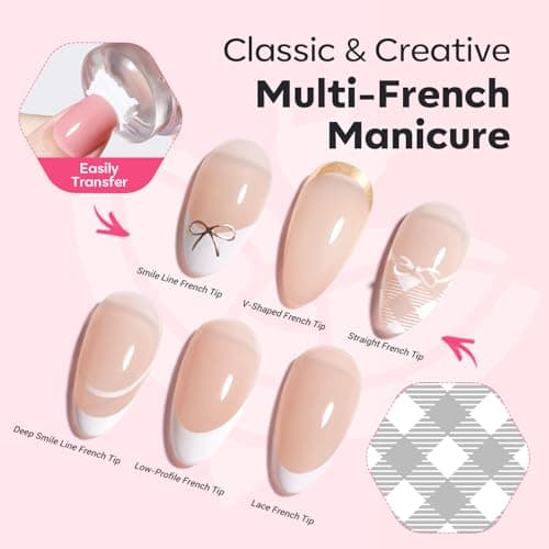 Modelones 16PCS Plaid Nail Stamping Kit – French Tip Stamper White Black Painting Gel Polish Chrome Powder Proof Matte Gel Top Coat Gingham Template Dual Nail Art Brush Spring Manicure Gift for Women view 4