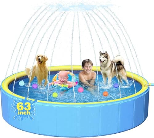 Yivsen 63in Sturdy Dog Pool with Sprinkler, 2-in-1 Non-Slip Kiddie/Kids Pool Hard Plastic, Foldable Dog Sprinkler Pools for Large Dogs, Portable Pet Swimming Pool for Summer Outdoor Backyard view 1