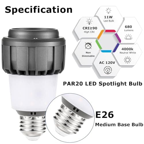 HengBo LED PAR20 Spotlight Bulb, E26, 15-60° Adjustable Beam Angle, 11W 4000K Neutral White for Accent Lighting in Home, Kitchen, Restaurant, Silver Aluminum Housing view 2