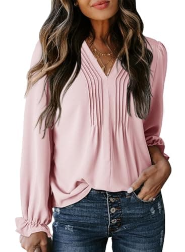 Dokotoo Womens Tops Casual Pleated V Neck Puff Long Sleeve T Shirts Loose Tunic Business Blouse — image 1