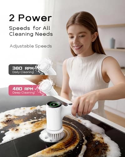 PUFTEM Upgraded Electric Spin Scrubber, Powerful Cordless Shower Scrubber with 4500mAh Large Battery & Speed Display, 6 Replaceable Brush Heads, Cleaning Brush for Bathroom Tile Tub Floor (White) view 4