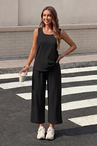 WIHOLL Two Piece Sets for Women Summer Spring Outfits Tank Square Neck Sleeveless Travel Vacation Lounge Wide Leg Pants Set view 3