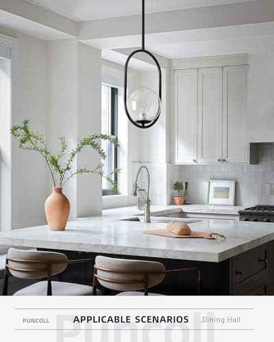puncoll Glass Pendant Lights - 1-Light Pendant Lighting for Kitchen Island with Black Finish - Vintage Pendant Light Fixtures - Black Hanging Lights for Kitchen H9376-CLBK view 2