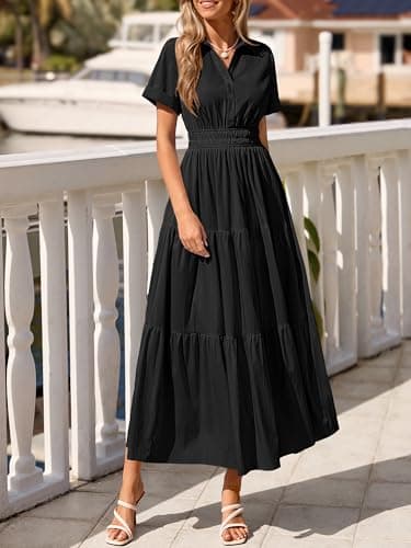 BTFBM Wedding Guest Dresses for Women Beach Fashion Casual Short Sleeve V Neck Solid Spring Summer Boho Maxi Dress view 3