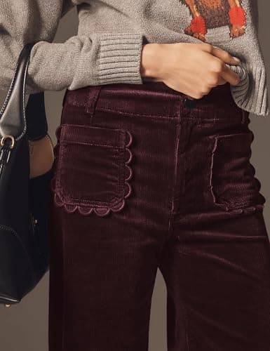 ACCPUR Women Corduroy Wide Leg Pants 2025 Fall Fashion Casual Button Down High Elastic Waist Trousers with Scalloped Pockets view 2