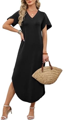 WIHOLL Summer Dresses for Women Short Sleeve Maxi Dresses V Neck Sundress with Side Slit Pockets Casual Beach Dress view 2
