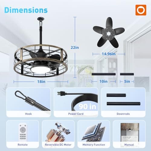 addlon 20" Outdoor Ceiling Fan with Light for Patio, IP65 Plug in Caged Fan view 2
