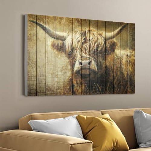 llribbons Handmade Highland Cow Wall Art, Rustic Farmhouse Canvas Painting Animal Wall Decor 3D Textured Fabric Tape Prints on Wood Plank Style for Living Room, Bedroom, Kitchen, Bathroom – 20" x 28" view 5
