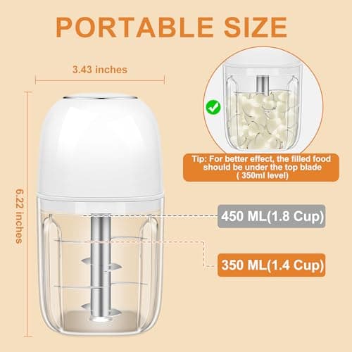 Electric Garlic Chopper, 1.8 Cup Mini Garlic Mincer Food Chopper Portable, Small Food Processor with USB Charging for Onion, Chili, Ginger, Veggie, Meat (450ML) view 4