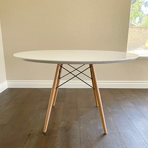 Mod Made Paris Tower White Round Wood Dining Table 47" for 4-6 People Mid-Century Inspired Design view 2