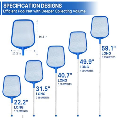 coclothy Pool Net - Pool Skimmer Net with 5 Section Detachable Poles, 22.2''- 59.1'', Skimmer Net with Fine Mesh Net, Pool Leaf Net view 2