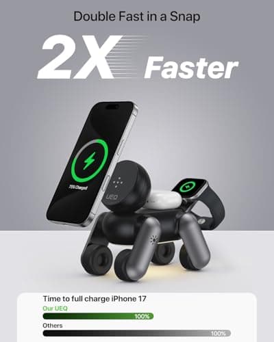 UEQ 3 in 1 Wireless Charging Station for Apple Devices,Foldable Cute Magnetic Mag-Safe Wireless Charger Stand with Night Light for iPhone 17 Air 16 15 14 13 12 Series,AirPods 4 3 2 Pro,Apple Watch view 6