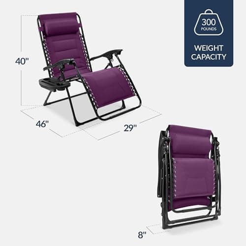 Best Choice Products Oversized Padded Zero Gravity Chair, Folding Outdoor Patio Recliner, XL Anti Gravity Lounger for Backyard w/Headrest, Cup Holder, Side Tray, Polyester Mesh - Amethyst Purple view 2