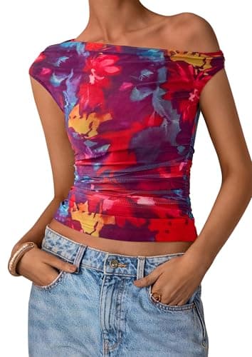 PRETTYGARDEN Women's Off Shoulder Tops 2026 Summer Going Out Crop Tank Tops Asymmetrical Floral Mesh Tight Y2K Shirts Clothes view 1