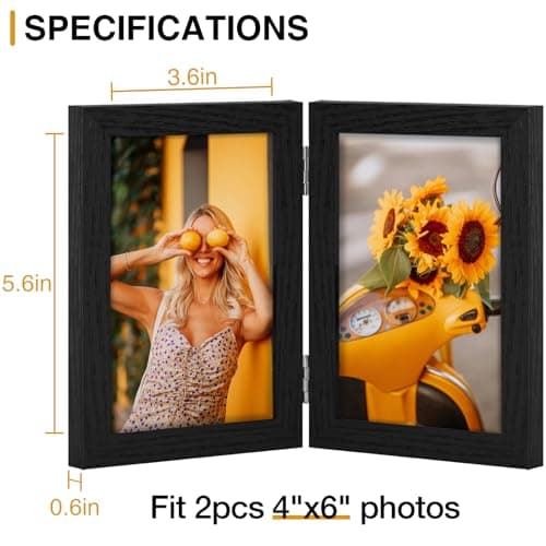 Vittanly 4x6 Double Picture Frame, Hinged 2 Opening MDF Photo Frames with Plexiglass, Vertical Tabletop Stand, Black view 3
