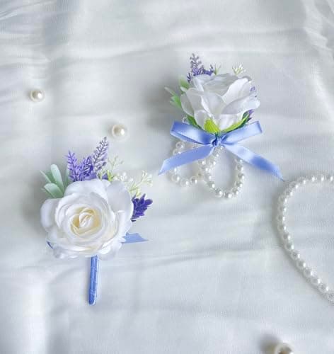 Rose Corsage and Boutonniere Set Lavender Blue Corsage Wrist and Men Boutonniere for White Wedding Party Prom Suit Decorations view 7