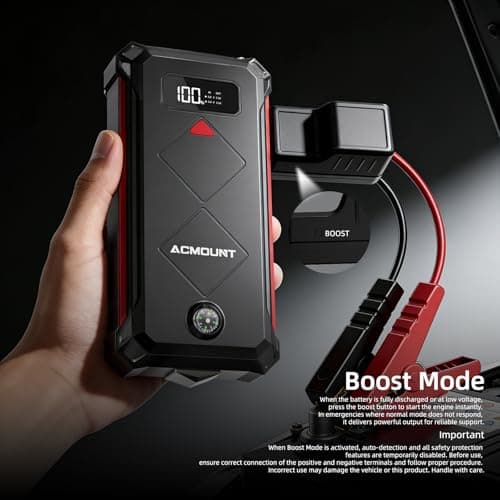 ACMOUNT P100 5000A Car Battery Jump Starter for 10.0L Gas/8.0L Diesel | 12V Portable Jump Box with Jumper Cables, Power Bank, 600LM LED Flashlight, Safety Hammer & Compass view 6