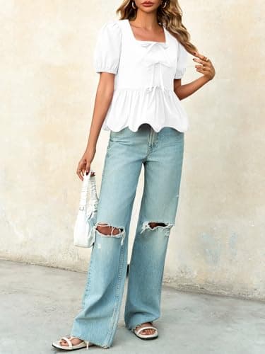 Tankaneo Womens Summer Peplum Babydoll Tops Square Neck Short Puff Sleeve Blouses Ruffle Cute Bow Shirts view 6