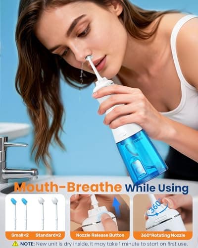 GOLDANT 350ML Neti Pot Sinus Rinse Kit, Nasal Irrigation System with 5 Modes, 4 Nozzles, Cordless Rechargeable, IPX7 Waterproof, Nose Cleaner for Sinus Relief (350ML No Salt) view 4