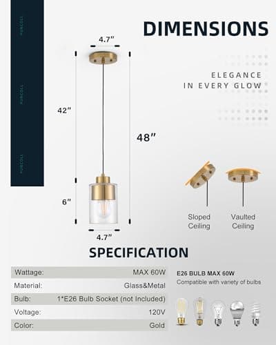 puncoll Gold Pendant Lights Kitchen Island - Hanging Lights Fixtures with Dual Shade - Clear Glass Modern Kitchen Pendant Lighting Over Island, H2514-BG view 6