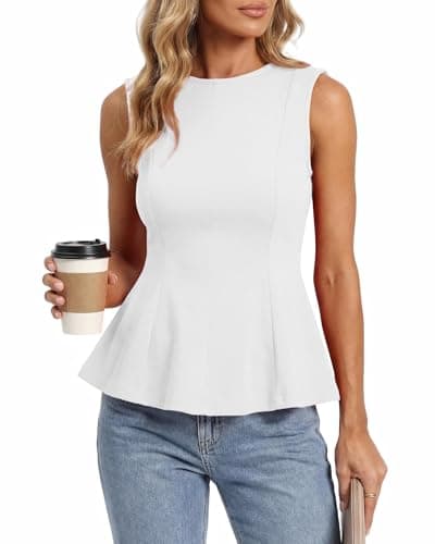 BTFBM Womens Summer Tops 2026 Business Casual Outfits Crew Neck Sleeveless Shirts Slim Fit Peplum Tank Top(White, XX-Large)
