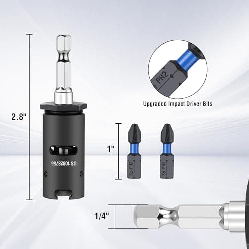 WORKPRO Drywall Screw Setter/Extractor Impact Bit Holder, Come with 10*Protective Rings, 2 * 1" PH2 Impact Bits, Single-Handed Operation for DIY Drywall Object view 2
