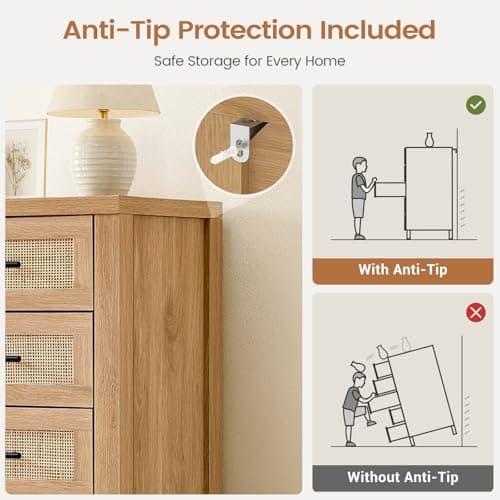 VIAGDO Rattan Dresser for Bedroom, Vertical Tall Rattan Dresser with 5 Storage Drawers, Boho Wood 5 Drawer Dresser with Thick Legs, Wooden Chest of Drawers for Bedroom, Entryway, Living Room, Natural view 5