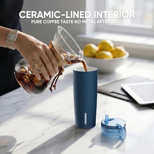 KISSKIND 20 Oz Iced Coffee Tumbler with Hidden Straw, Insulated Stainless Steel Coffee Tumbler, Leakproof Ceramic Lined Travel Cup for Subway Commuting, Slim Tumbler for To-Go, Americano view 5