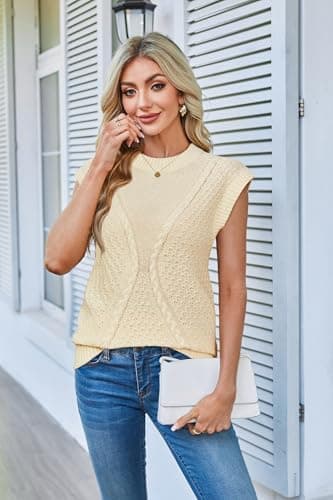 Arach&Cloz Womens Spring Sweater Vest 2025 Cap Sleeve Crew Neck Casual Tops Cable Knit Crochet Loose Fit Summer Outfits view 5