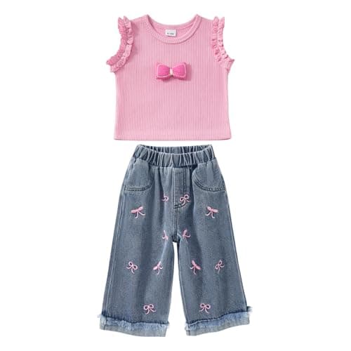 vfvBaby Toddler Baby Girl 2 Piece Outfits Pink Ruffle Sleeve Bow Top & Bow Print Denim Jeans Set Cute Casual Summer Clothes — image 1