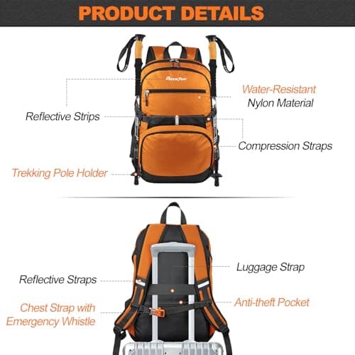 Seektop 40L Foldable Hiking Backpack for Women Men Lightweight Packable Travel Backpack Carry on Flight Approved for Outdoor Camping Sport Leisure (Orange) view 5