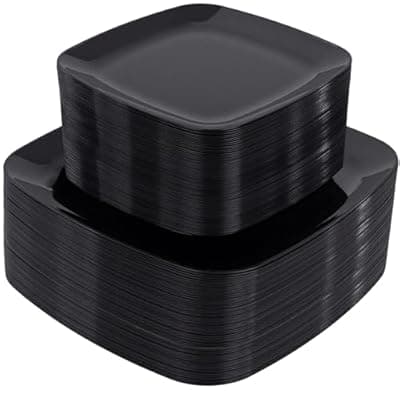 PULOTE 100 PCS Black Square Plastic Plates Disposable - Include 50 Each (10" Dinner & 7.25" Dessert) Plates - Ideal for Party & Graduation