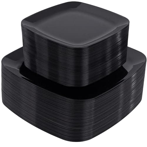 PULOTE 100 PCS Black Square Plastic Plates Disposable - Include 50 Each (10" Dinner & 7.25" Dessert) Plates - Ideal for Party & Graduation — image 1