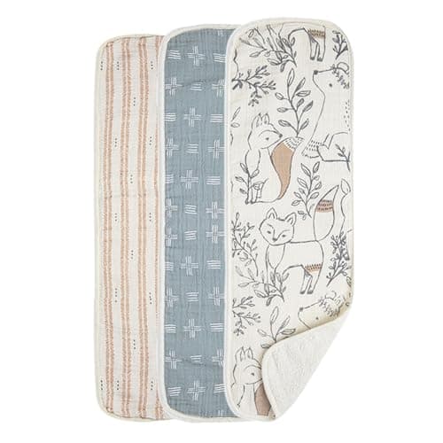 Crane Baby Muslin Baby Burp Cloths, Lightweight Absorbent Burp Cloth, Woodland Animal, Set of 3, 7" x 20", Newborn Baby Essentials, Burp Cloths Baby Boy, Burp Cloths Baby Girl, Baby Newborn Essentials