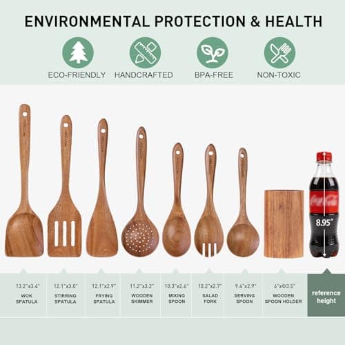 Wooden Spoons for Cooking - 8-Piece Wooden Kitchen Utensil Set made of Natural Solid Wood Material-Includes Spoons,Spatulas,Ladles,Mixing Spoon and Utensil Holder,Holiday Gifts view 4