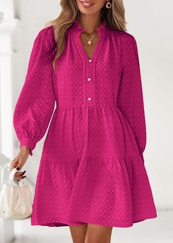 Lazysmile Dresses for Women Long Sleeve V Neck Button Down Ruffled Flowy Fall Casual Babydoll Tunic Dress view 3