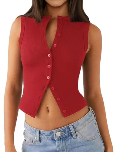 Relety Womens Crop Tank Tops Going Out Button Down Vest Seamless Ribbed Trendy Shirts Cute Sleeveless Summer Spring Y2K Cami — image 1