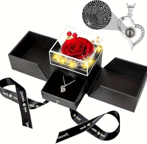 Preserved Real Red Rose with Heart Necklace I Love You in 100 Languages,Romantic Valentine's Day Gifts for Her, Christmas Gifts for Wife, Mother's Day, Birthday Gifts，Anniversary Gifts for Girlfriend