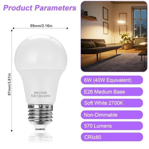 UPWATT E26 LED Light Bulbs, A15 6W (40W Equivalent), Soft White 2700K, Non-Dimmable Medium Base Bulbs for Home Lighting, 4 Pack view 2