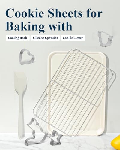 Ymiton 7PCS Nonstick Baking Sheet Set - 10x15in Jelly Roll Pan with Wire Rack, Silicone Spatula & 4 Cookie Cutters, Thickened Carbon Steel, Oven Safe 450°C, Sunshine Cream view 3