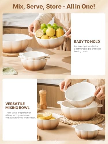 MISSYSSIM Ceramic Soup Bowls with Handle, Large Serving Bowls Set of 4, 14/24/45/78 oz Food Storage Bowls Containers for Cooking, Baking, Salad, Ramen Bowls Oven Safe, Brown view 6