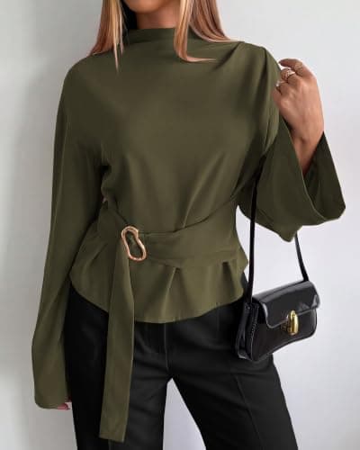 BTFBM Women Business Casual Blouses Bell Long Sleeve Tie Waist Top view 2