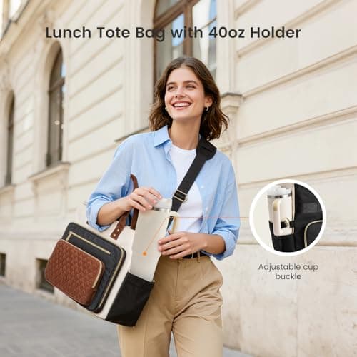 LOVEVOOK Lunch Tote Bag for Women, 3 in 1 Work Bag with Insulated Lunch Compartment & 40oz Large Cup Holder & Multi-Pockets, 15.6" Laptop Bag for Office/Daily/Travel, Gifts for Teacher Nurse Mom view 2