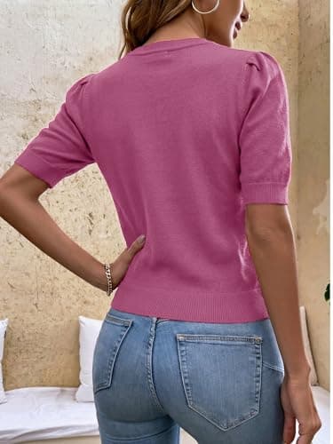 LaGracia Womens Cropped Sweater Puff Short Sleeve Spring Summer Work Tops Crew Neck Sweaters view 3