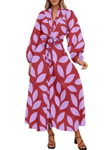 Lazysmile Maxi Dresses for Women 2025 Casual Long Sleeve Button Down Belted Boho Floral Shirt Dress with Pockets — image 1