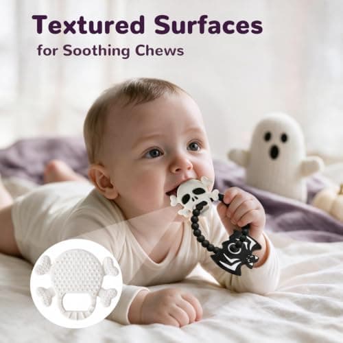 Halloween Baby Teething Toys, Boo Basket Stuffers for Toddlers & Newborns | Bat & Skull Goth Teether for Infants; Textured Sensory Teething Ring, Silicone Chew Toys, Gift for Baby's First Halloween view 6