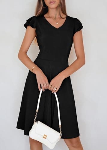 Lazysmile Summer Dresses for Women Ruffle Short Sleeve V Neck A Line Swing Ribbed Knit Casual Mini Short Dress view 5