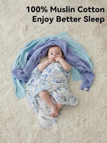 TILLYOU 3 Pack Muslin Swaddles for Newborns Baby Blankets for Girls Boys Cotton Swaddle Blankets 47"X47", Blue Flower view 3